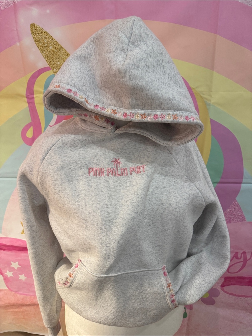 Girls' Light Gray Hooded Sweatshirt with Pink Embroidery